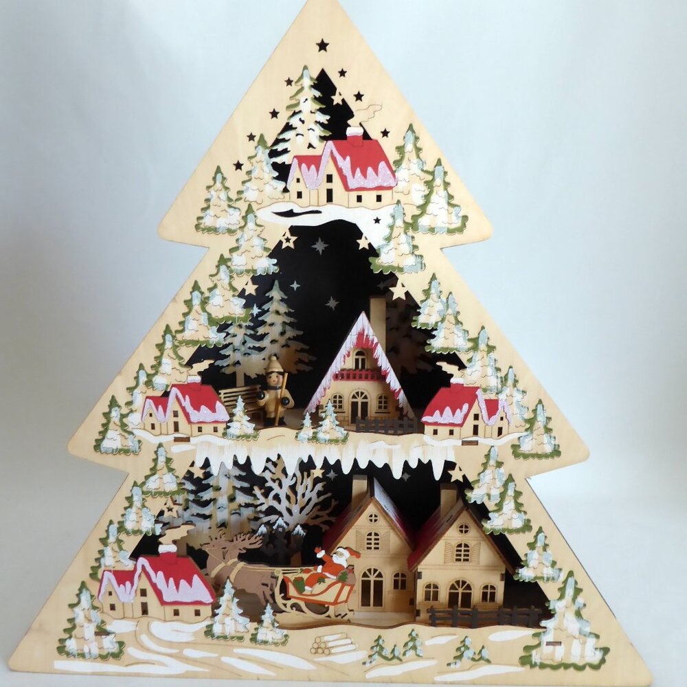 NEW 17” CHRISTMAS LED LIGHT UP LASER CUT WOOD SANTA CLAUS WINTER VILLAGE SCENE - Picture 11 of 16